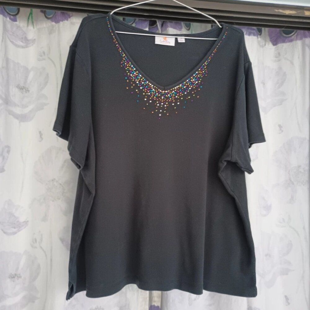 Quacker Factory 3x Plus Black Sparkly T Shirt V-Neck 24/26W